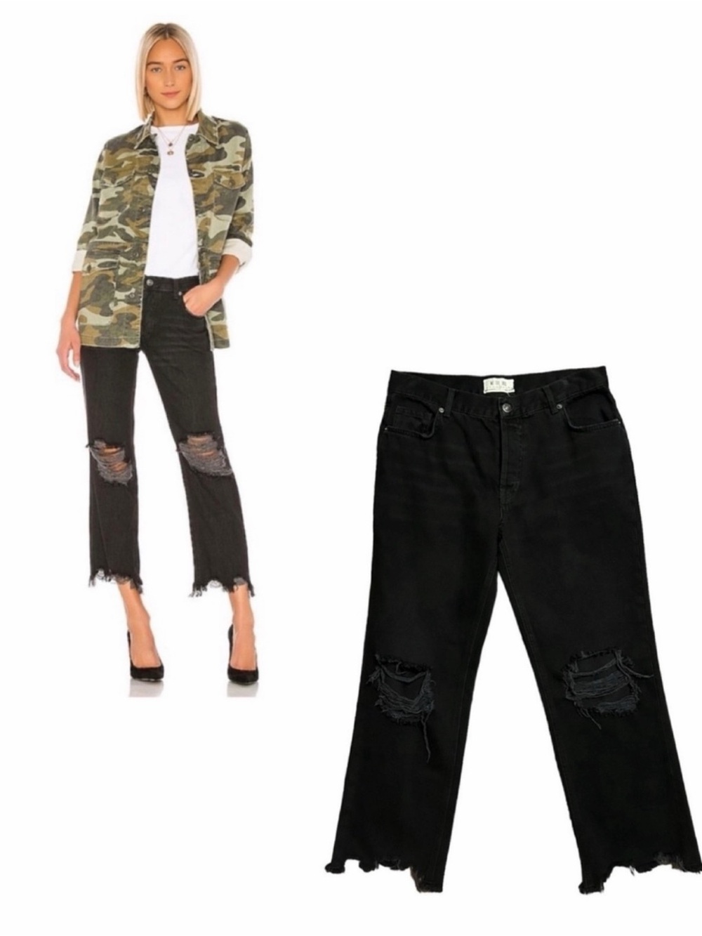 FREE PEOPLE NWT Black Hi-Rise Button Fly Distressed Straight Leg Raw Hem Jean 28